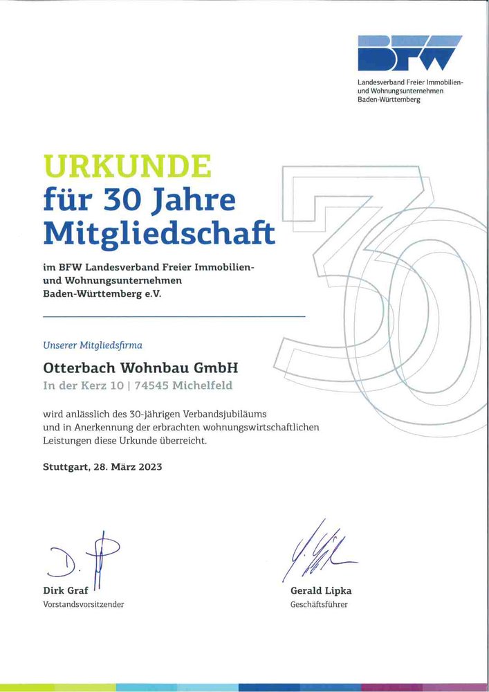 Urkunde 30 Jahre